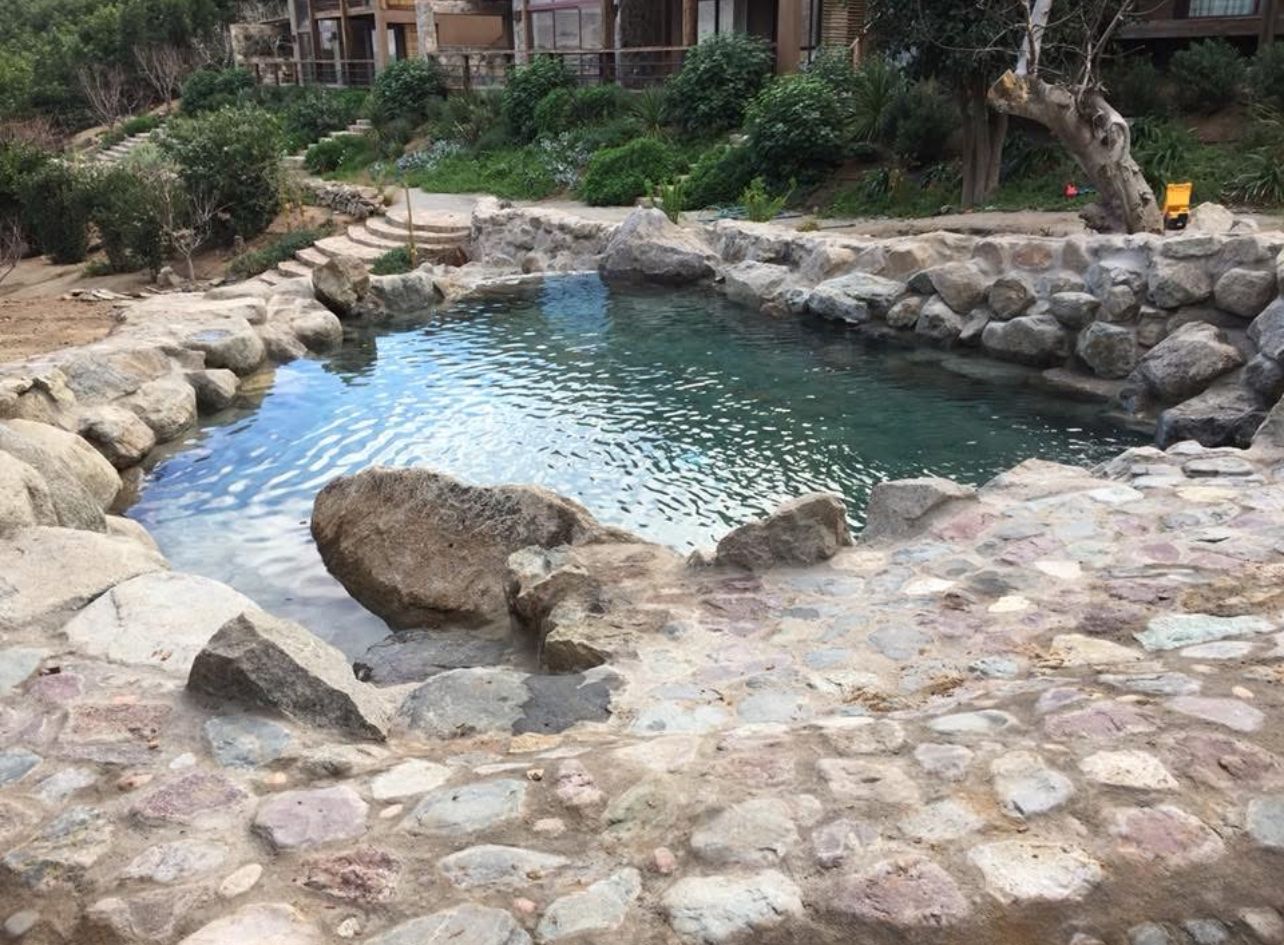 Piscina natural tipo laguna con piedra y agua verde, estilo costero rústico