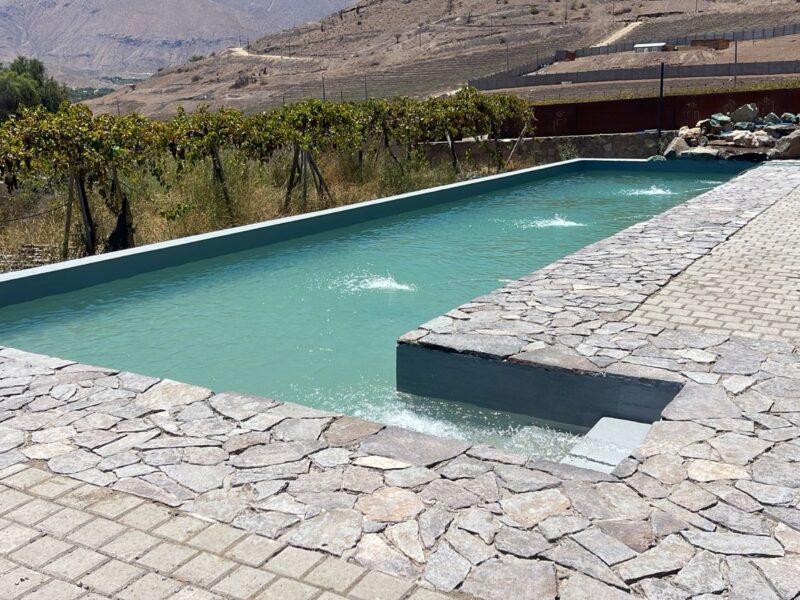 Piscina rectangular con cascada interior, bordes de laja gris y viñedos al fondo