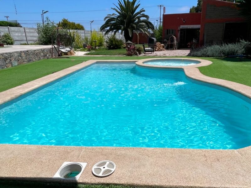 Piscina forma orgánica con jacuzzi circular integrado y jardín terminado